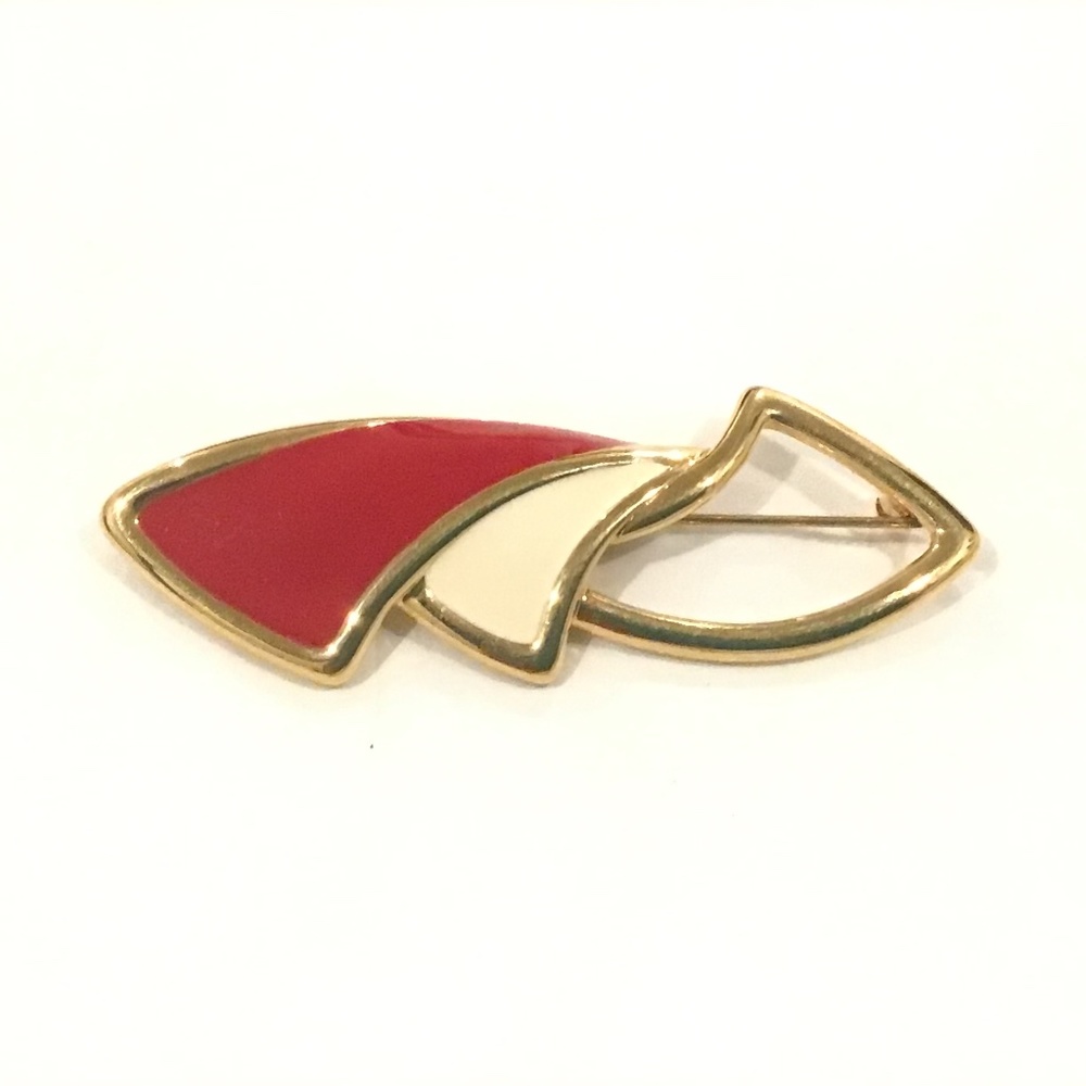 Vintage Monet Red & Off-White Enamel Gold Tone Pin 3" Wide